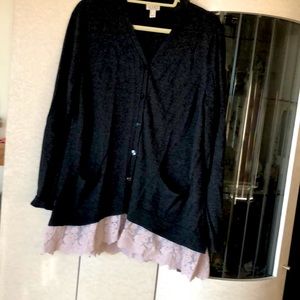 Black cardigan sweater by LOGO with antique lace trim